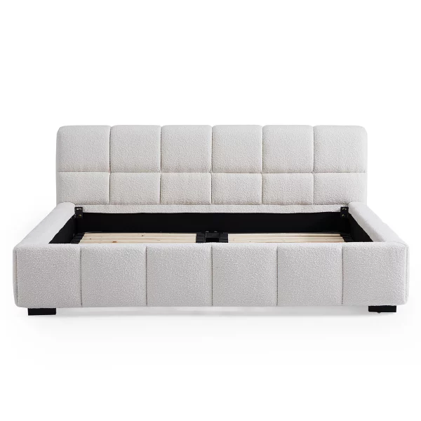 Cushy Boucle Fabric Bed - Contemporary Upholstered Platform Bed in Cream Boucle with Padded Headboard